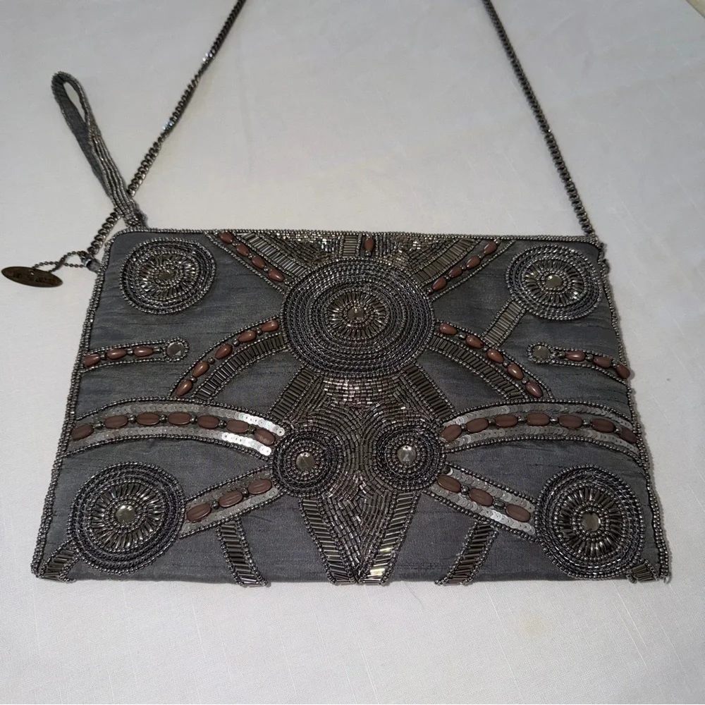 Vintage Mary Frances Gray Beaded Clutch crossbody with brown bead accents India